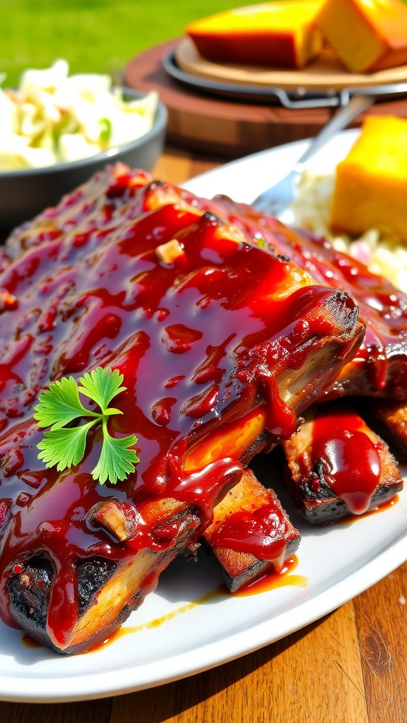 Delicious barbecue ribs with sticky sauce and parsley, served with coleslaw and cornbread on a rustic wooden table.